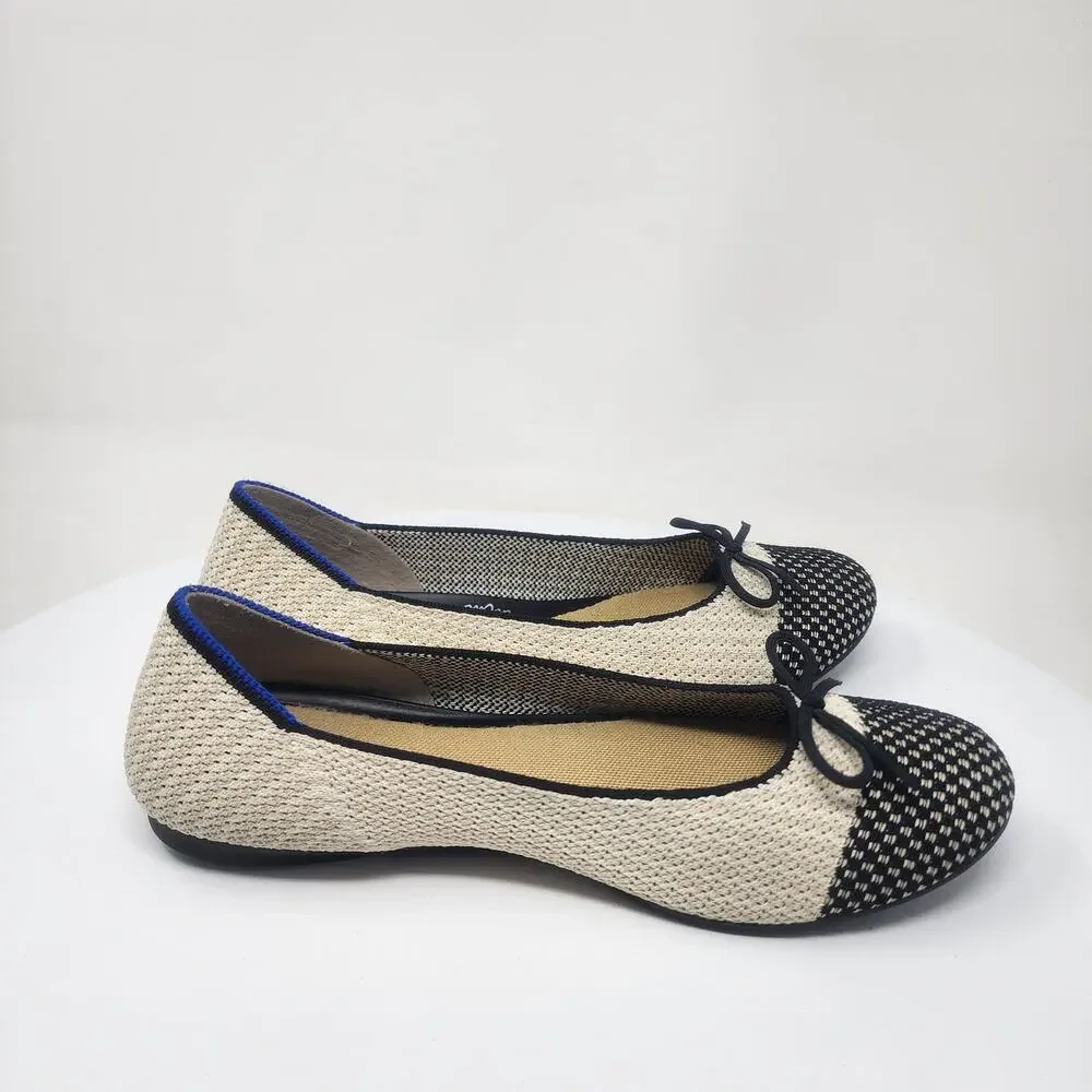 ROTHY'S Coco Ballet Flats Women 8.5 Cream & Black Round Cap Toe with Bow